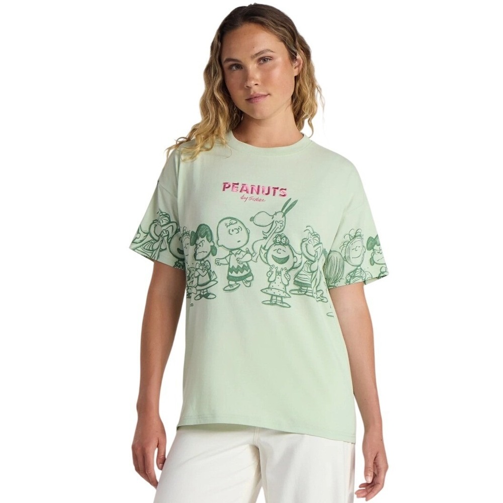 Peanuts by Schulz Women Embroidered Green Graphic TShirt Snoopy Charlie Brown XS